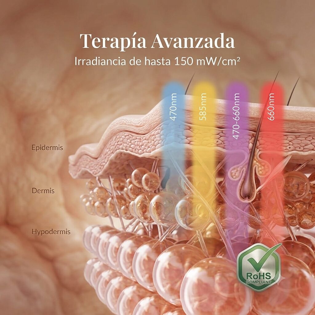 Infografía Mascarilla LED Nucarna - tecnología de fototerapia avanzada