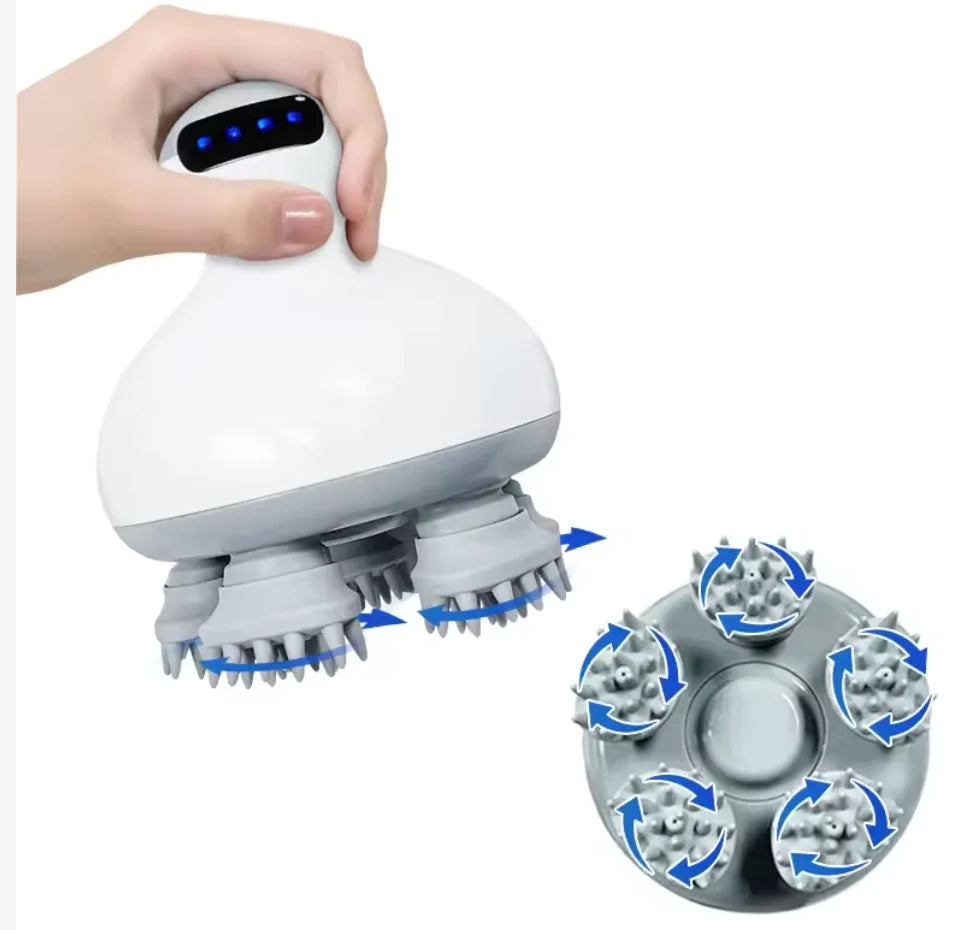 Mano sujetando el masajeador capilar eléctrico inalámbrico Nucarna, con panel de indicadores LED