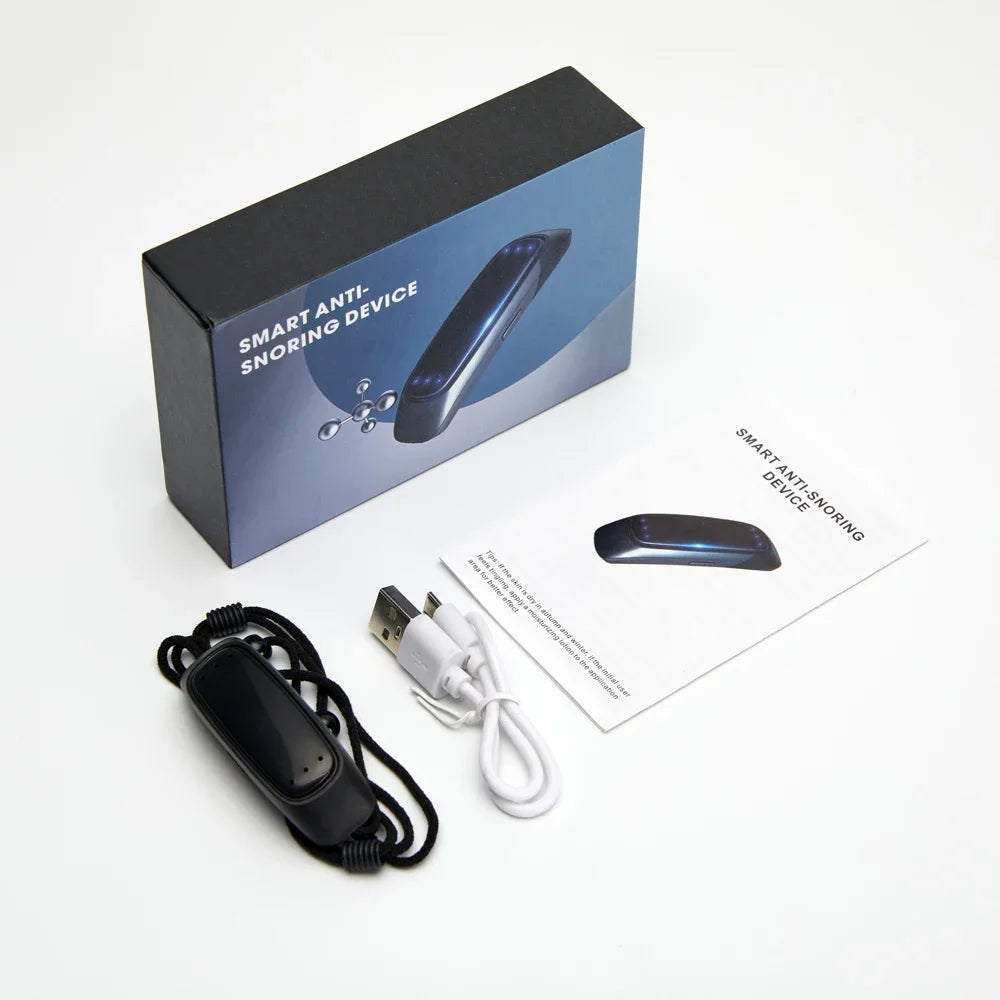Caja del dispositivo antirronquidos EMS con cable de carga USB y manual de instrucciones