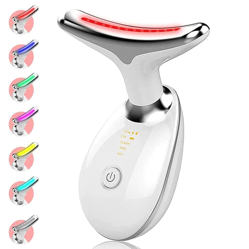 Masajeador facial térmico LED Nucarna en color blanco, con vista de los 7 modos de luz de color