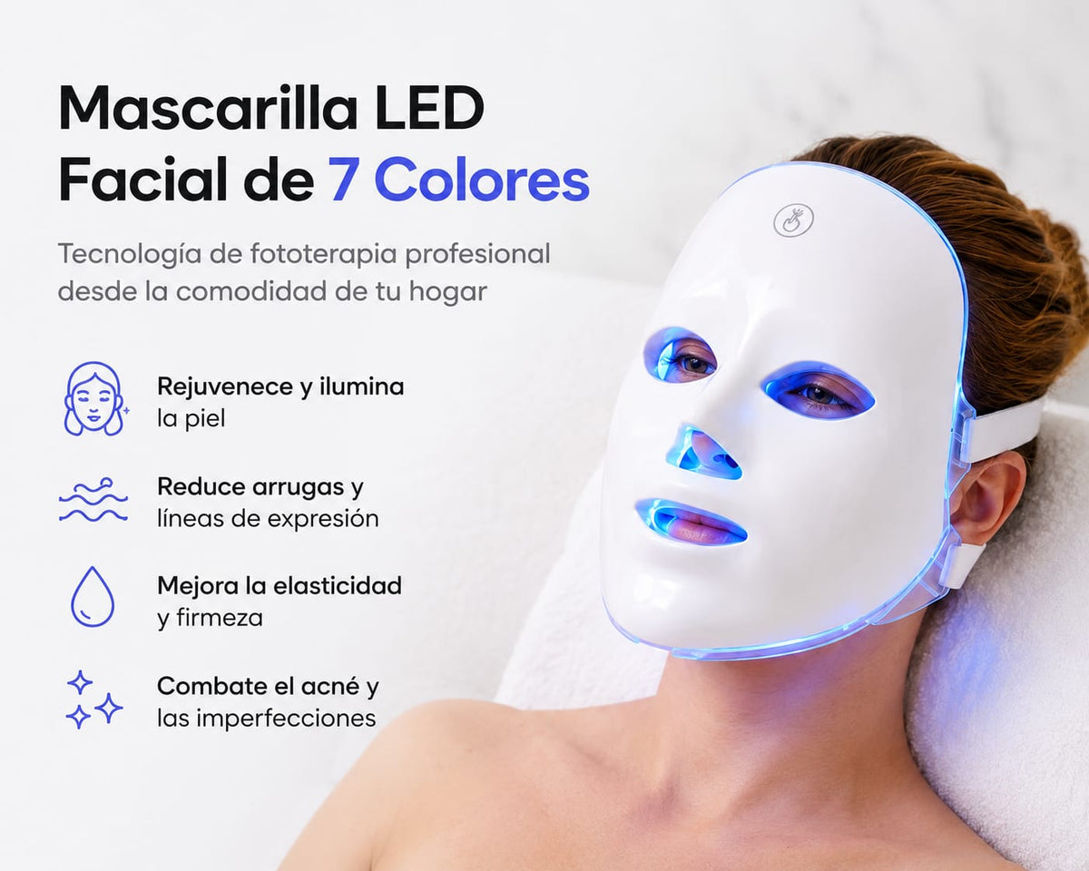 Infografía Mascarilla LED Nucarna - beneficios de cada uno de los 7 colores de luz
