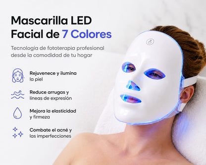Infografía Mascarilla LED Nucarna - beneficios de cada uno de los 7 colores de luz